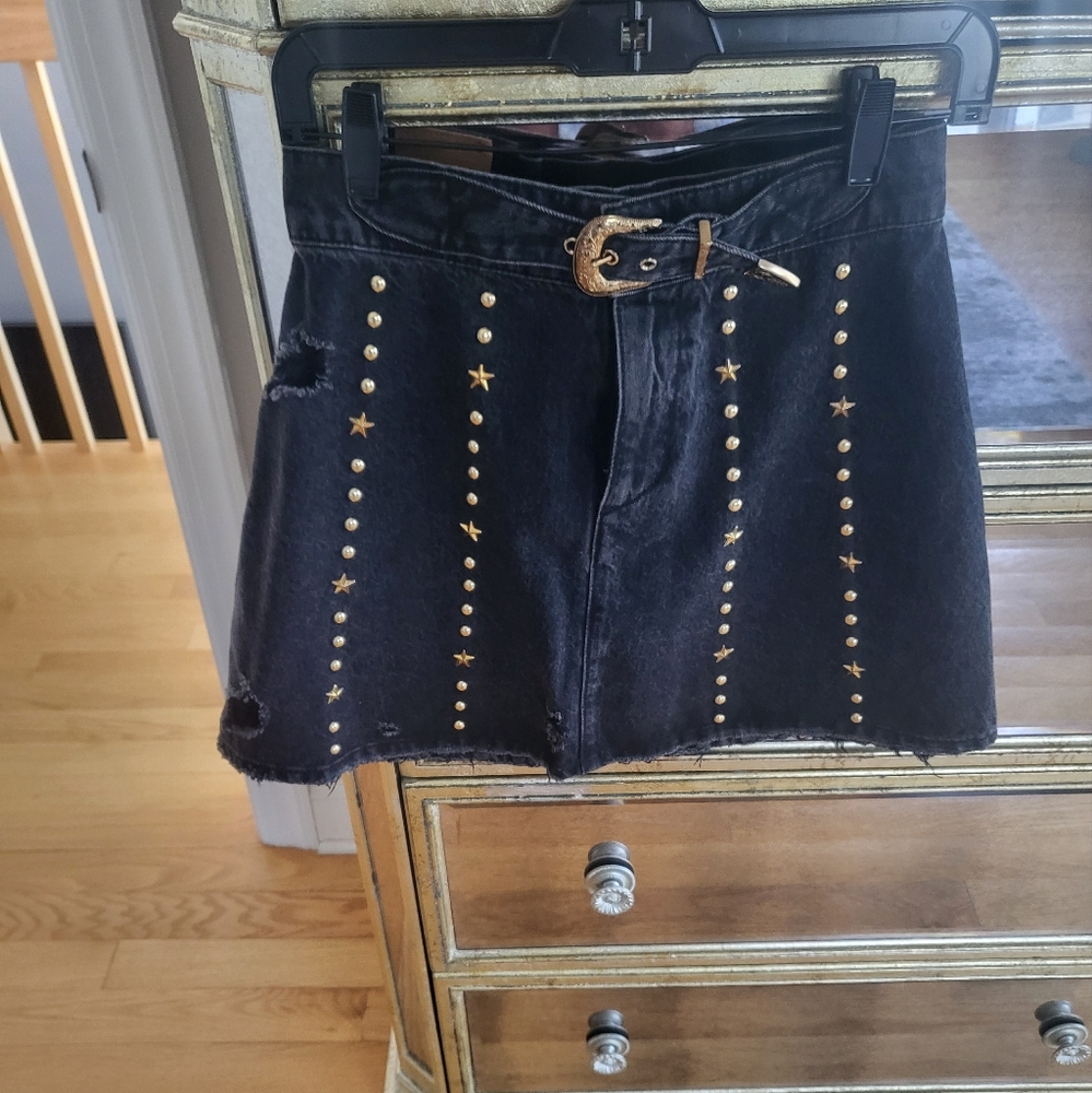 Black Denim Skirt with Gold Studs